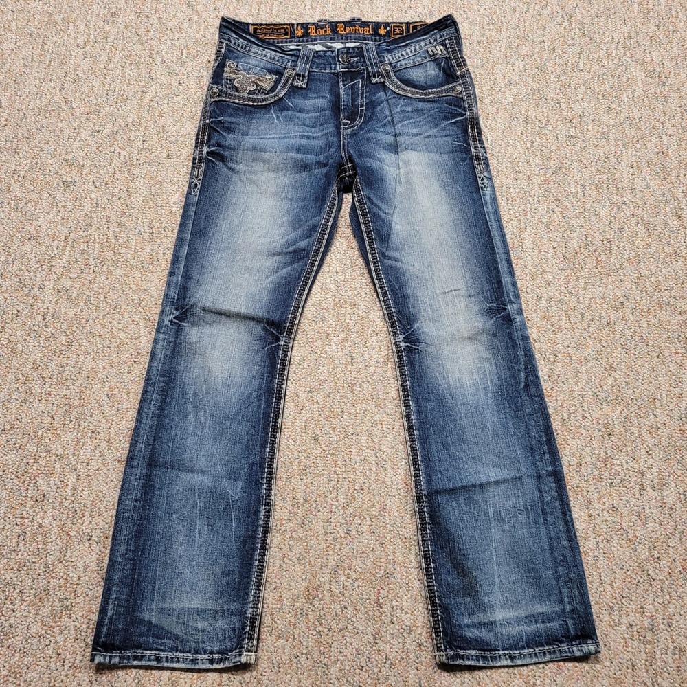Rock Revival Pile Boot Jeans Mens 32 Blue Distressed Thick Stitch Y2K Bootcut